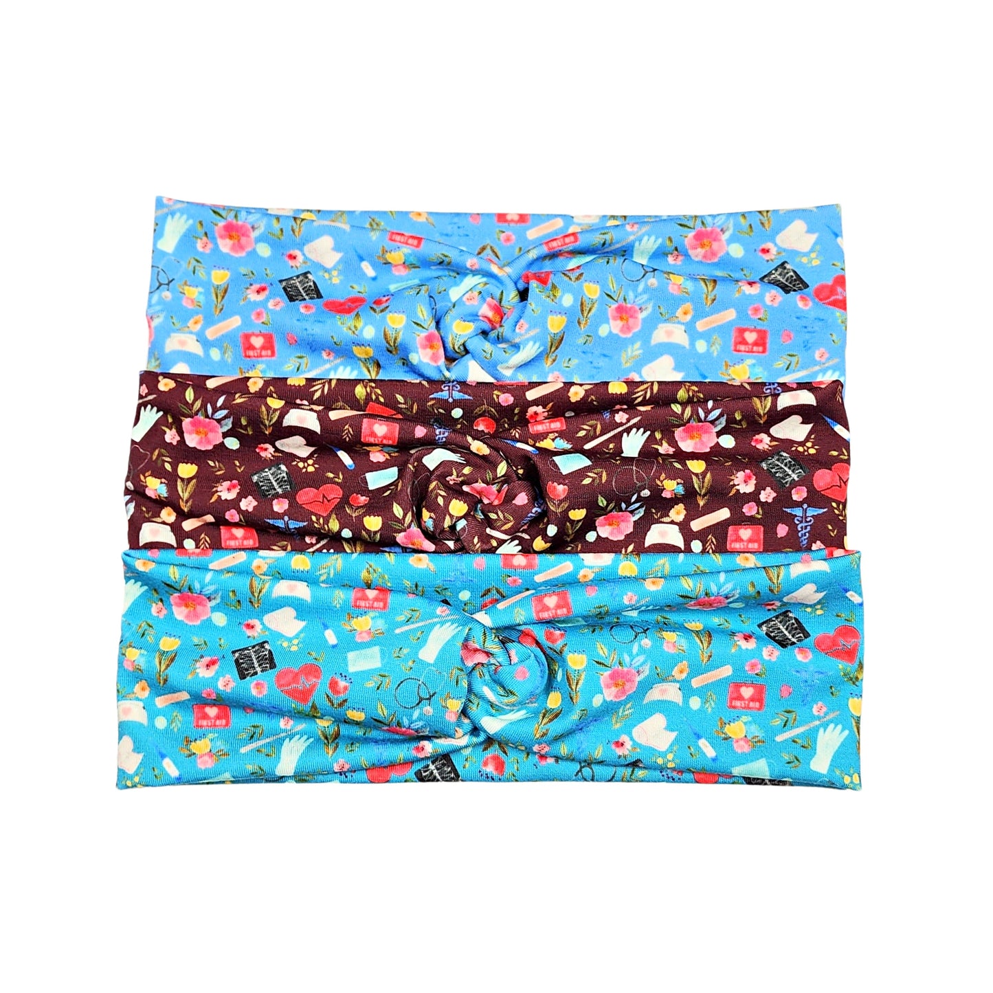 Wide Nurse Print Headbands for Women, Blue, Burgundy, Turquoise, Love to Care