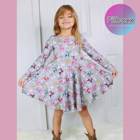 Gray Reindeer Christmas Dress for Girls, Ready to Ship