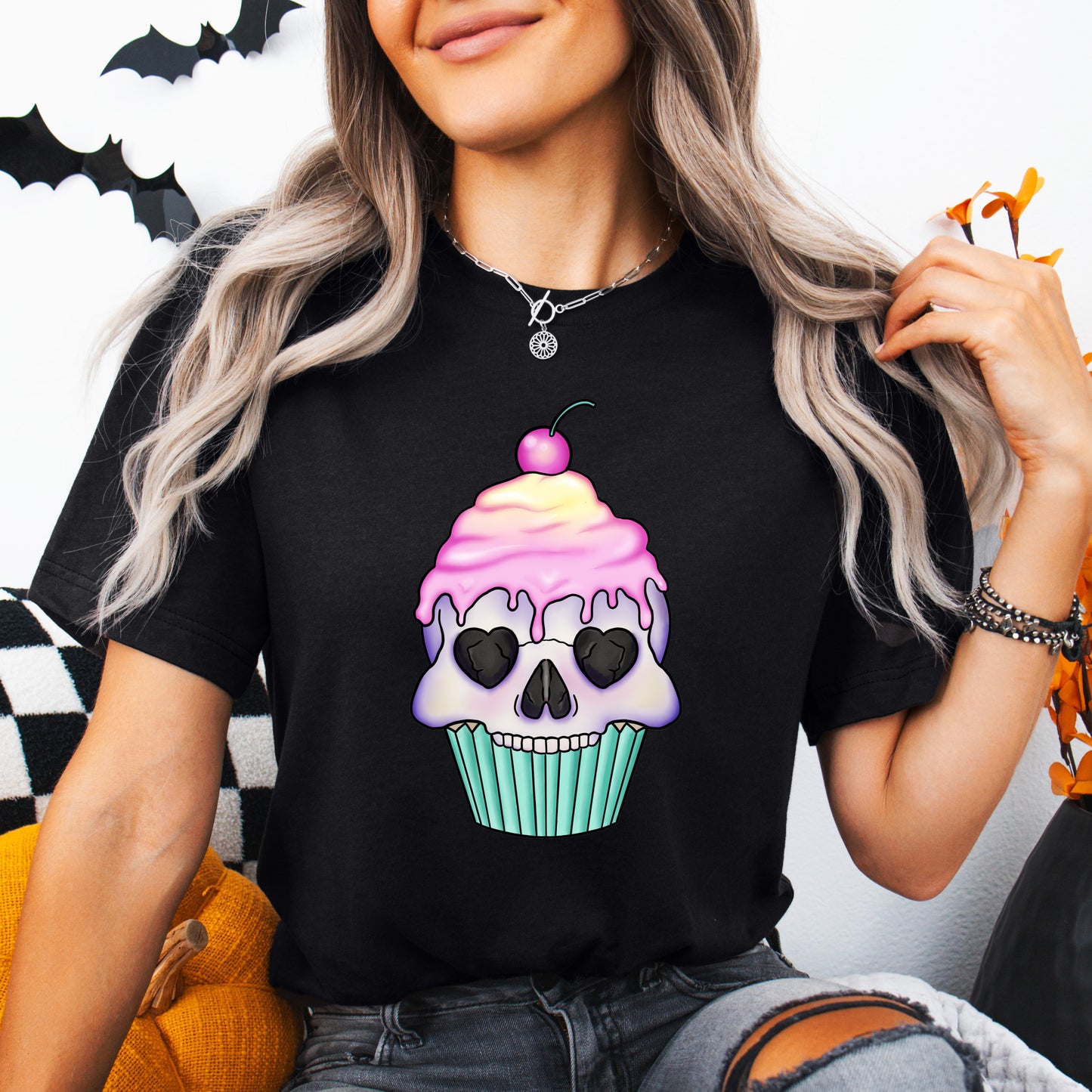 Pastel Spooky Skull Cupcake T-Shirt, Adult and Youth Sizes