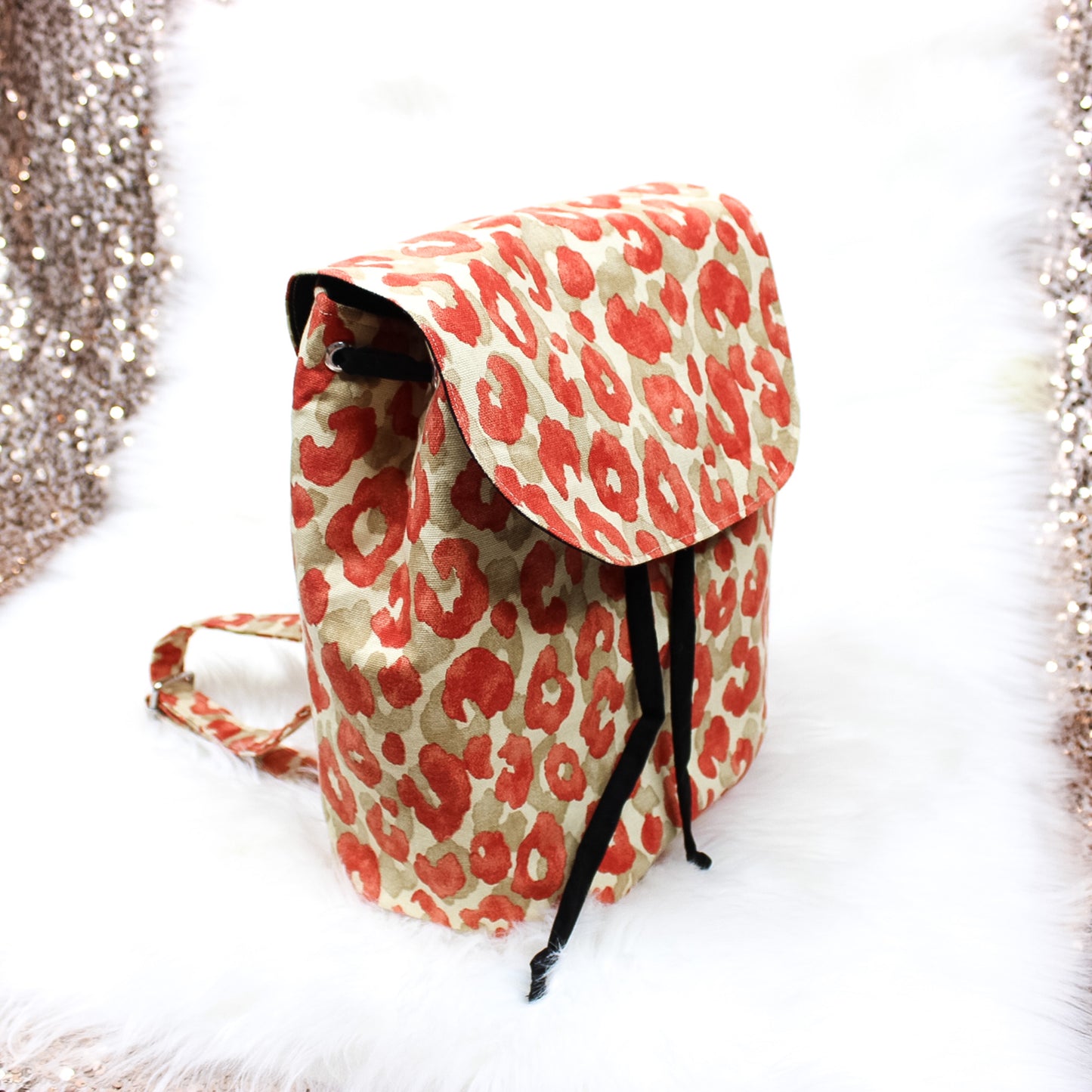 Leopard Print Canvas Backpack Purse, Red and Beige, Cinch Bag
