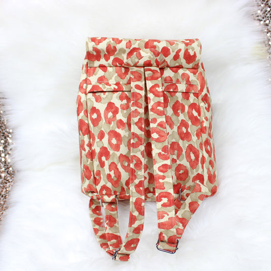 Leopard Print Canvas Backpack Purse, Red and Beige, Cinch Bag