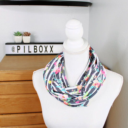 Gray Floral Stripe Infinity Scarf