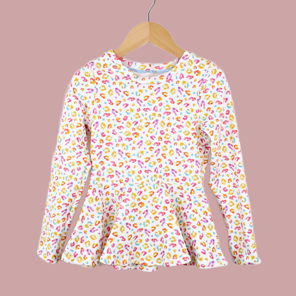 Colorful Cheetah Peplum Top for Girls, Cotton Blend, Ready to Ship