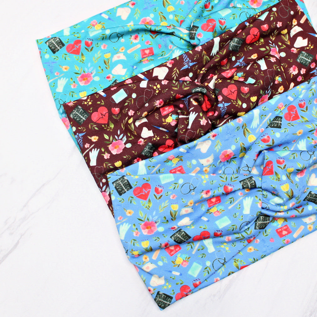 Wide Nurse Print Headbands for Women, Blue, Burgundy, Turquoise, Love to Care