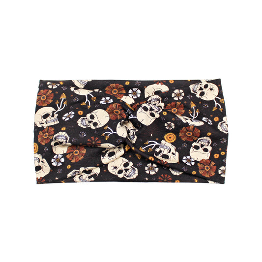 Brown Flowers and Skulls Fabric Headband