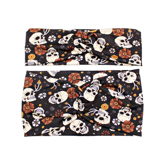 Brown Flowers and Skulls Fabric Headband
