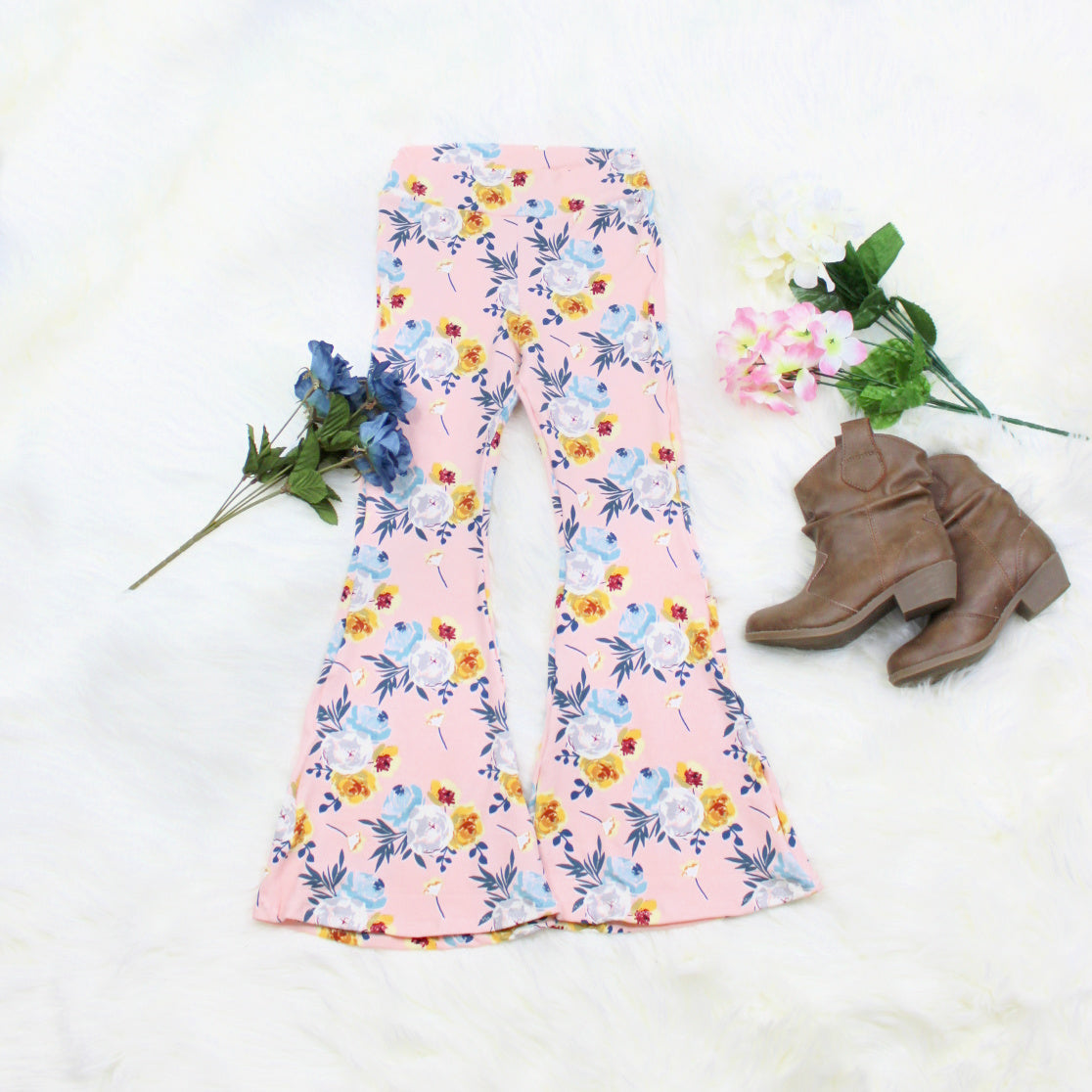 Retro Flower Flare Leggings for Girls, Pink or Blue