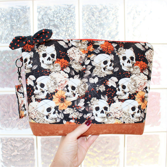 Fall Floral Skull Quilted Makeup Bag