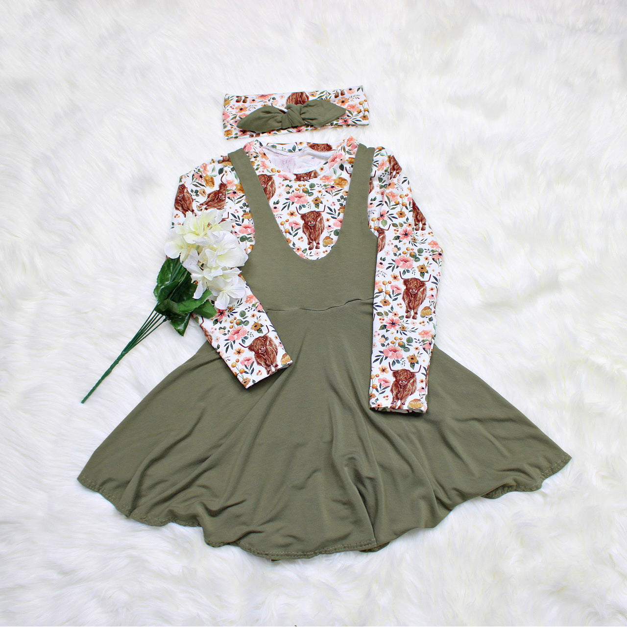 Handmade Highland Cow Pinafore Dress, 3 Piece Set, Size 6, One of a Kind