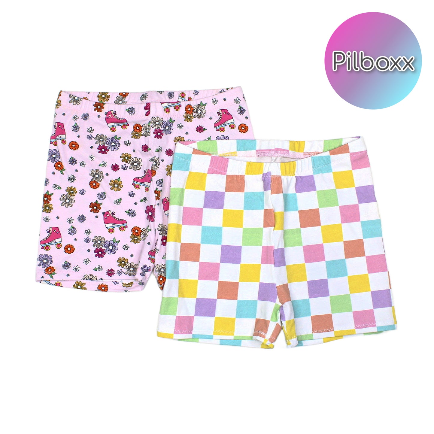 size 6 Retro Biker Shorts Set, Roller Skates and Pastel Checkers