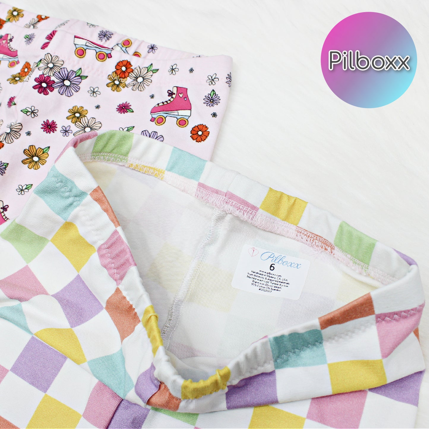 size 6 Retro Biker Shorts Set, Roller Skates and Pastel Checkers