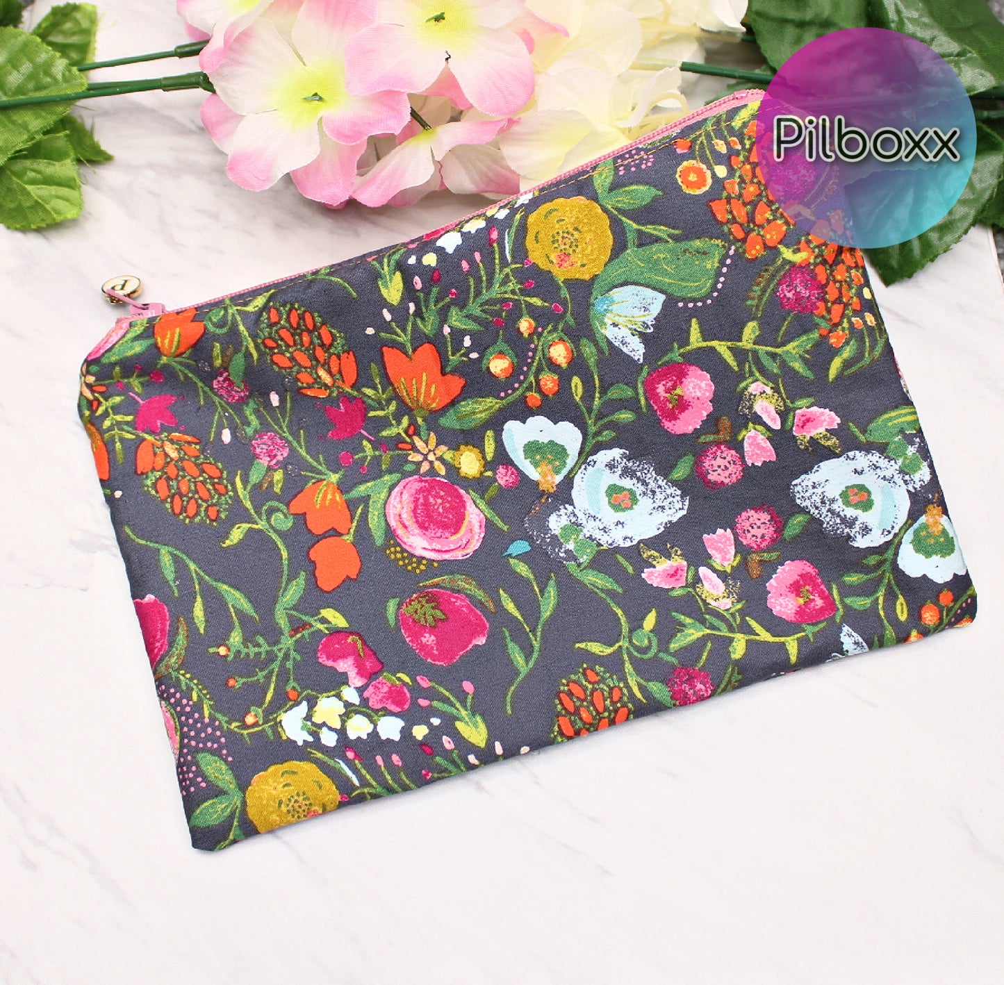 Floral Zipper Pouch with Initial Charm