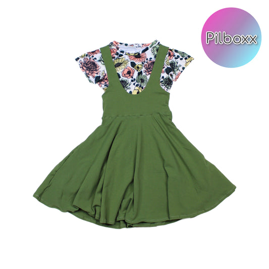 Boho Floral Tee & Olive Green Suspender Dress Set, TAT 1-2 weeks