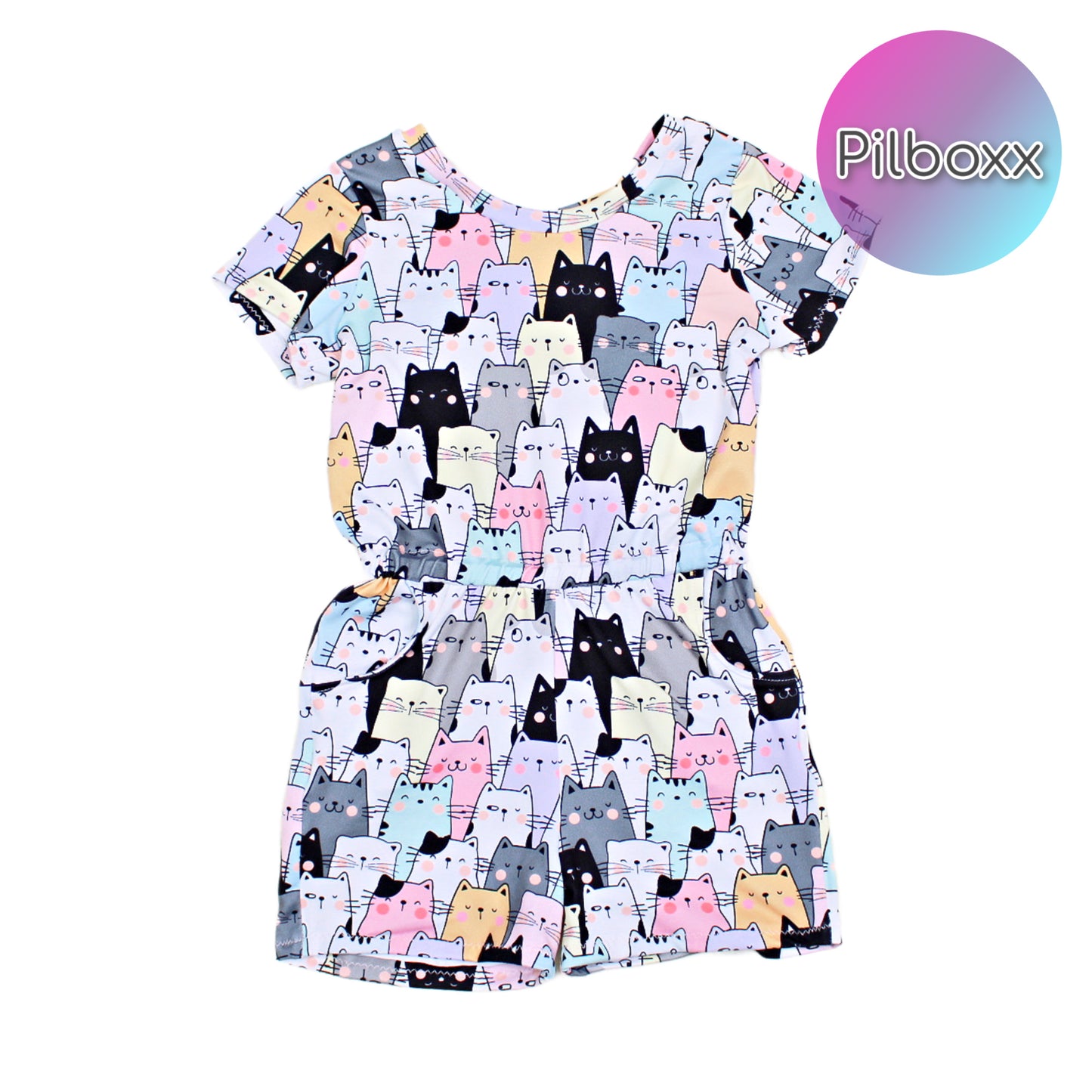 2T Toddler Girls Pastel Cats Summer Jumpsuit, Ready to Ship