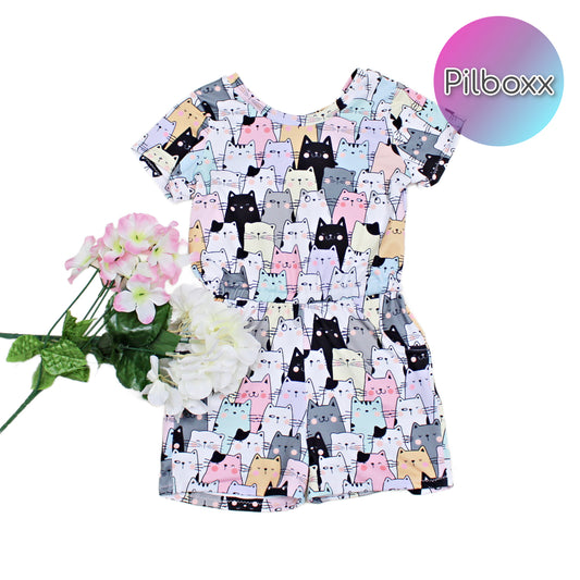 2T Toddler Girls Pastel Cats Summer Jumpsuit, Ready to Ship
