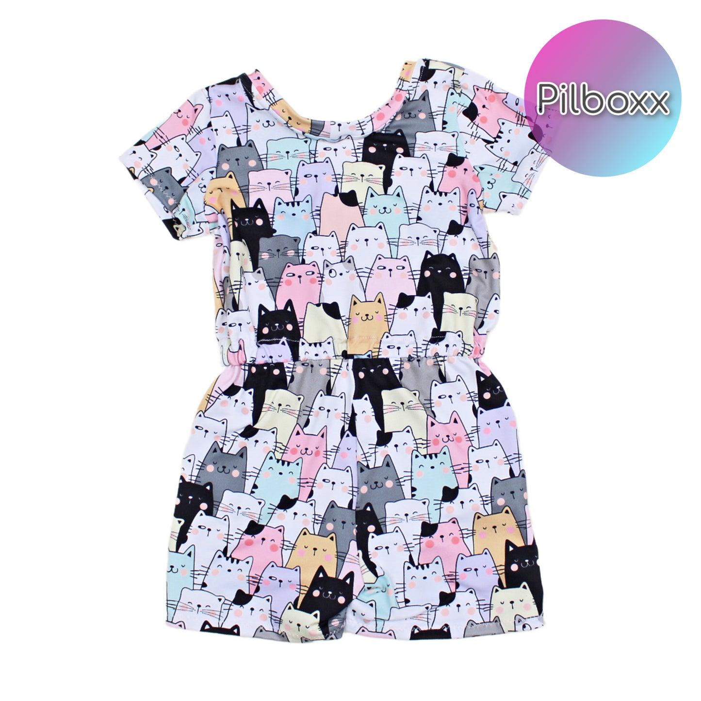 2T Toddler Girls Pastel Cats Summer Jumpsuit, Ready to Ship