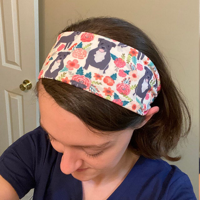 Gray and White Pitbull Dog Floral Print Headband for Women