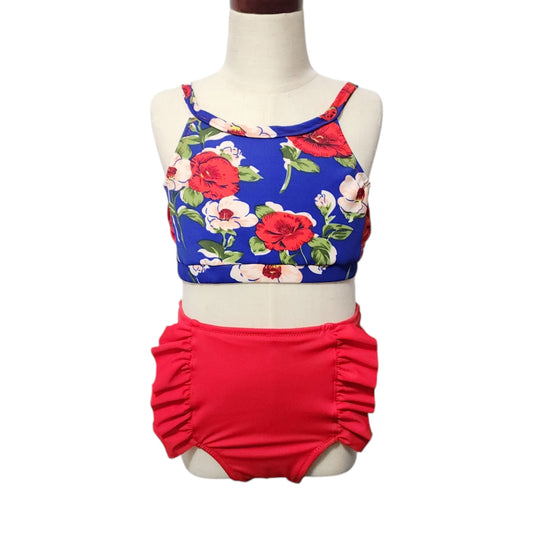 Handmade Girls Two Piece Swim Suit, Big Floral, TAT 3-5 business days