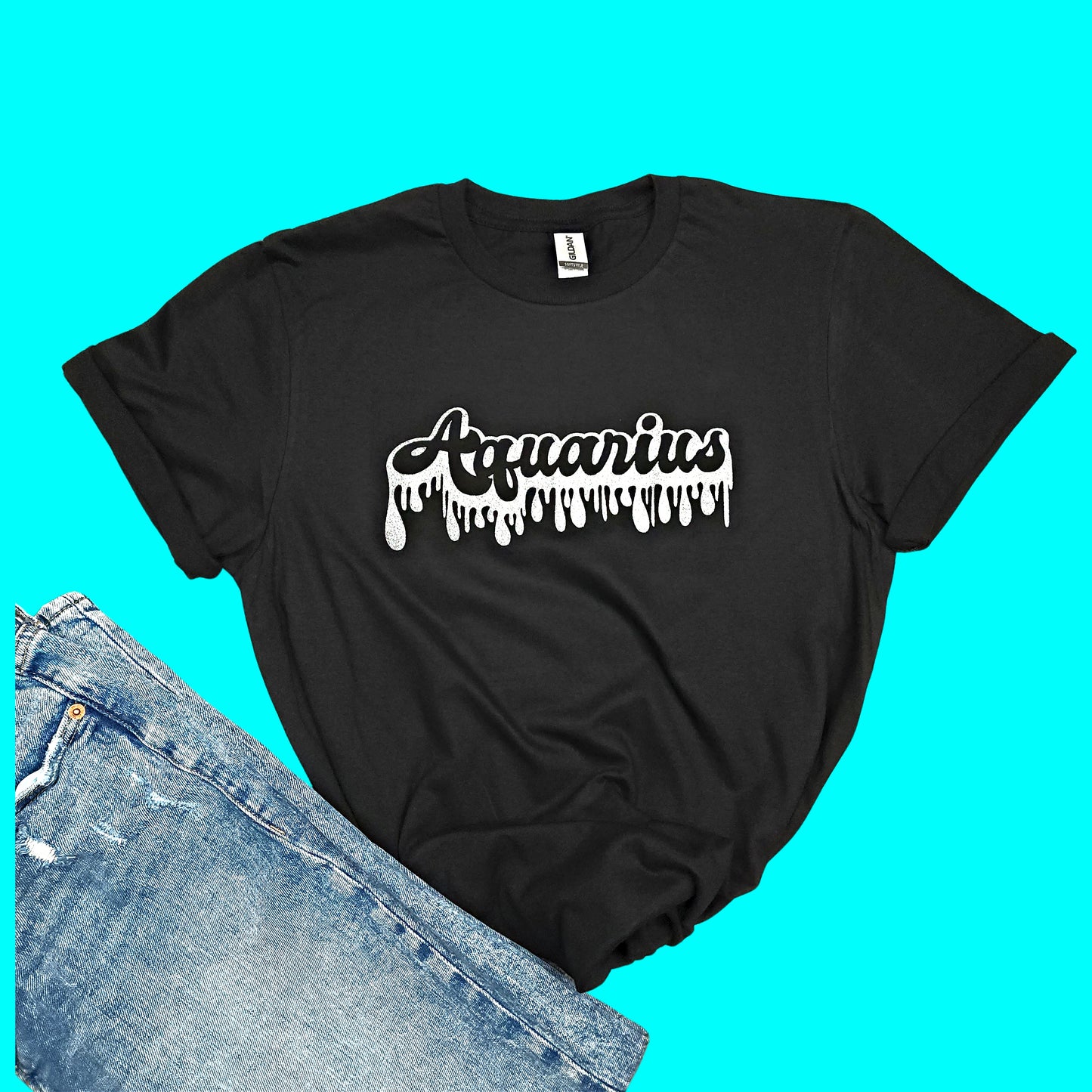 Zodiac Sign Retro Drip Tee with Silver Holographic Glitter Vinyl