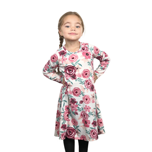 Girls Mauve Floral Long Sleeve Skater Dress