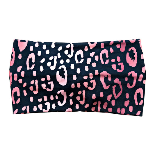 Wide Pink and Black Leopard Print Headband