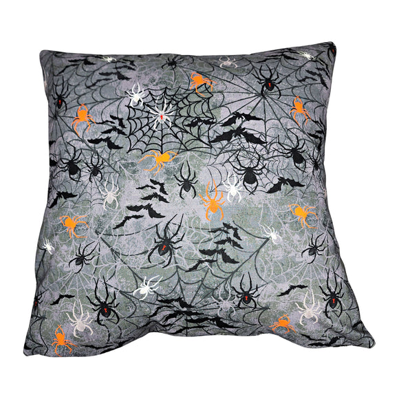 Gray Spiders and Bats Halloween Throw Pillow Cover, 18x18