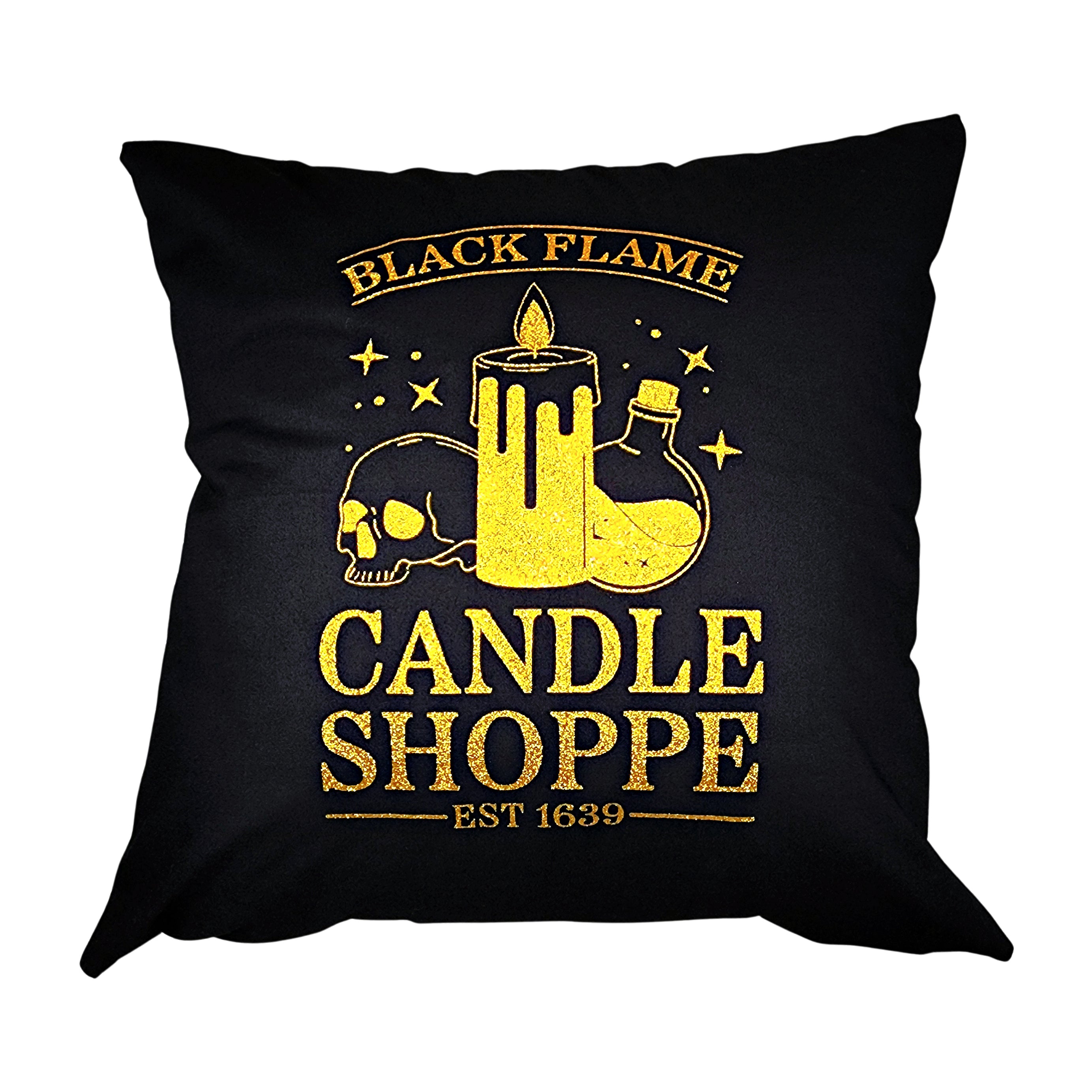 Black Flame Candle Shoppe Halloween Throw Pillow Cover, Your Choice of Glitter Color
