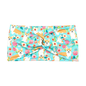 Wide Mint Green Fawn Corgi Floral Headband for Women