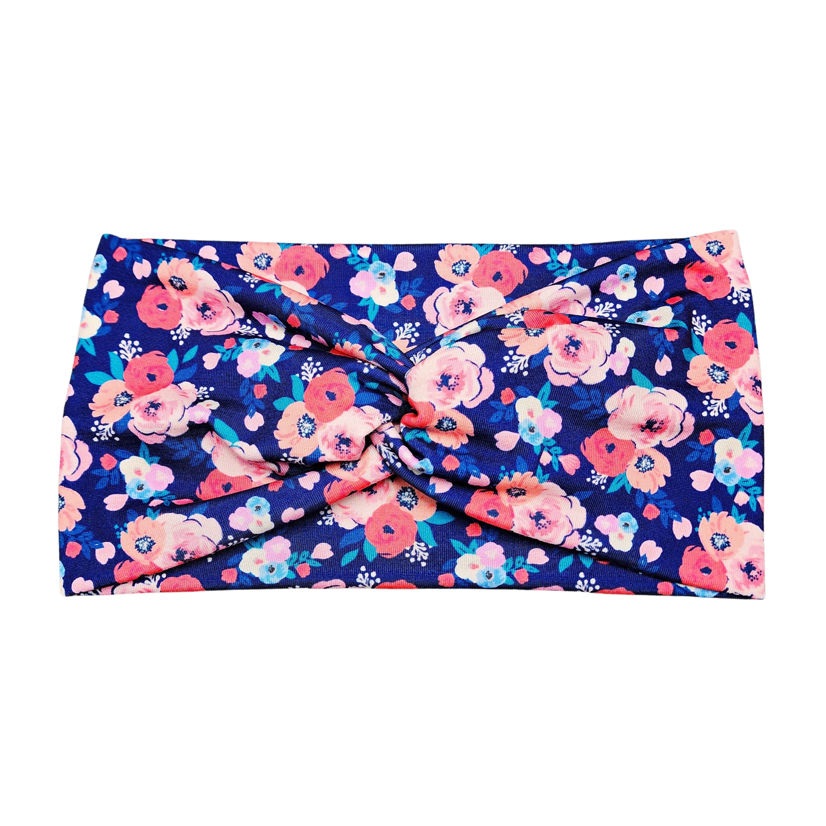 Wide Navy Blue and Coral Floral Headband for Women
