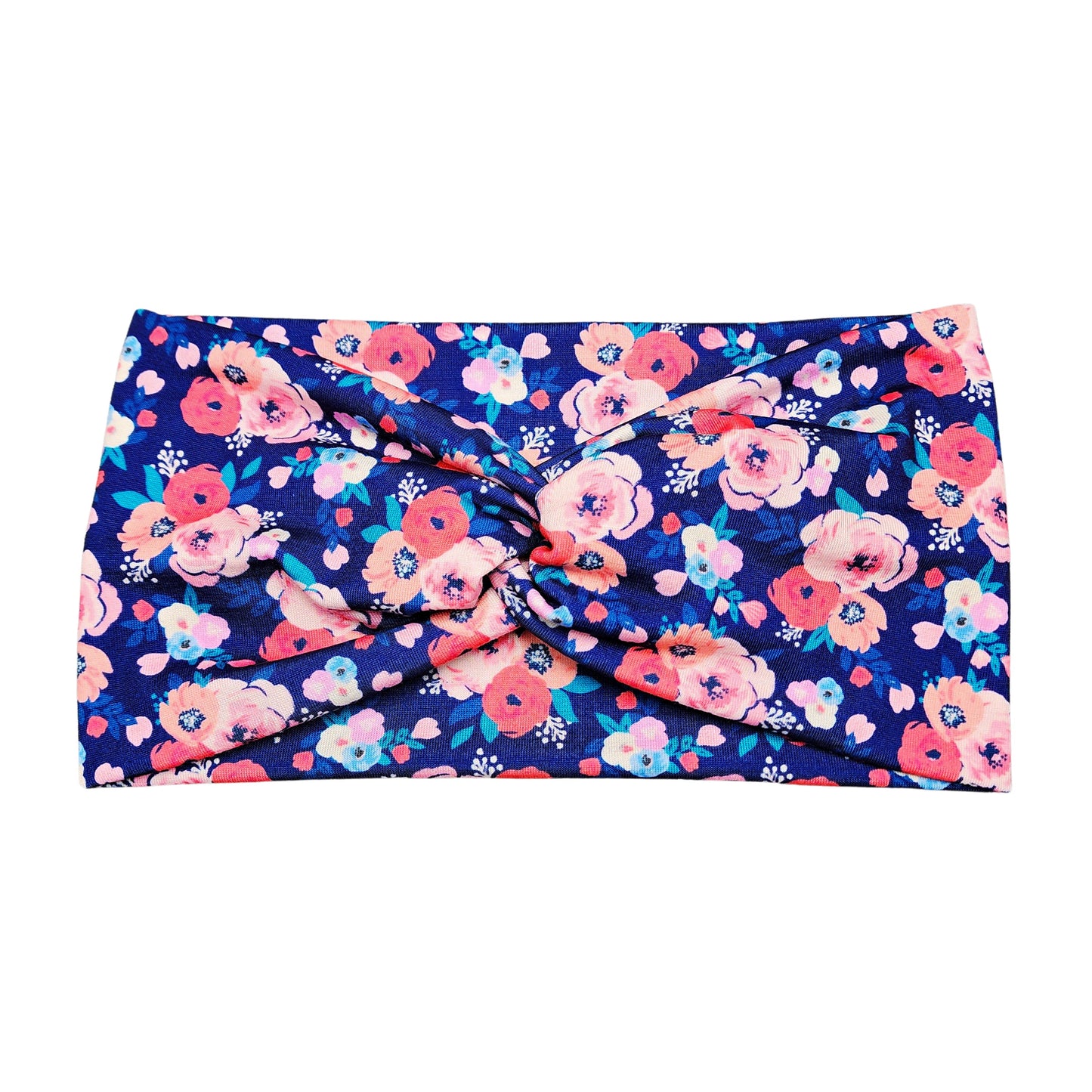 Wide Navy Blue and Coral Floral Headband