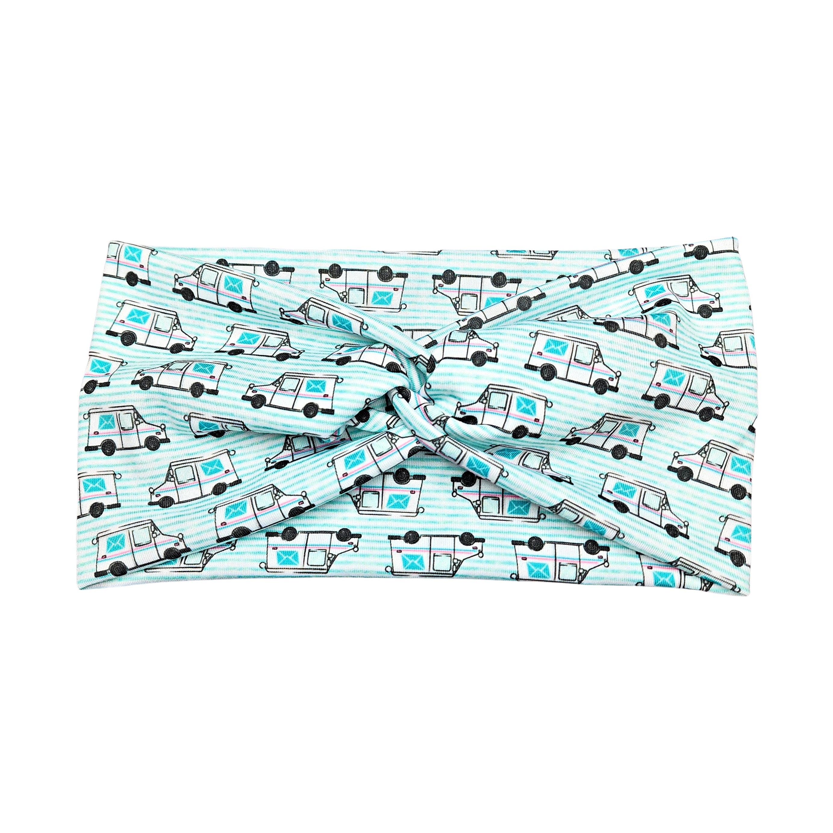 Wide Mint Green Stripe Mail Delivery Truck Headband for Women