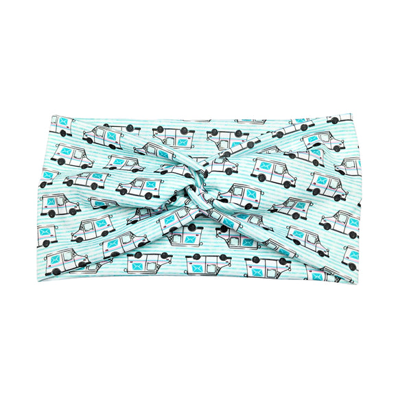 Wide Mint Green Stripe Mail Delivery Truck Headband for Women