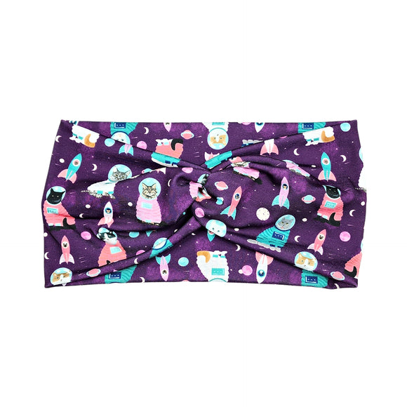 Wide Cats In Space Print Headband for Women, Purple Astronaut Cats