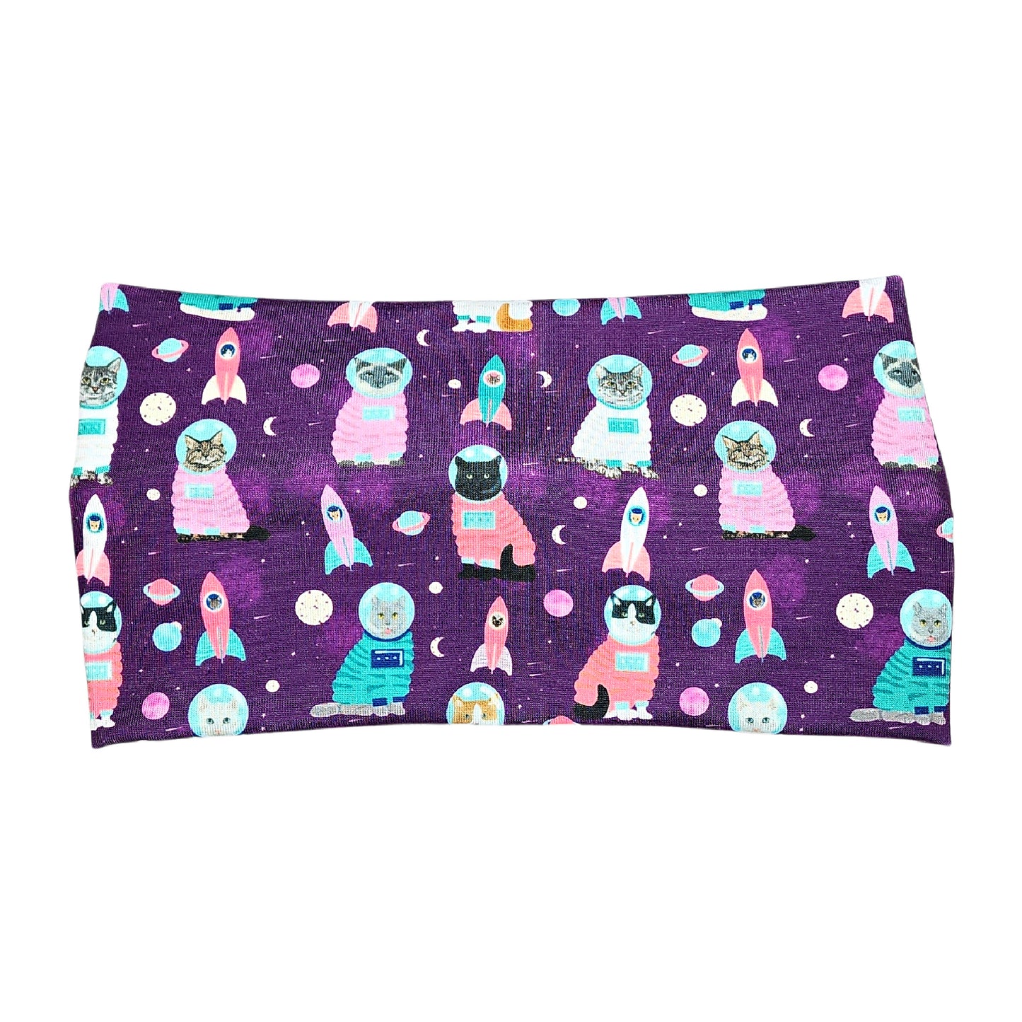 Wide Cats In Space Print Headband for Women, Purple Astronaut Cats