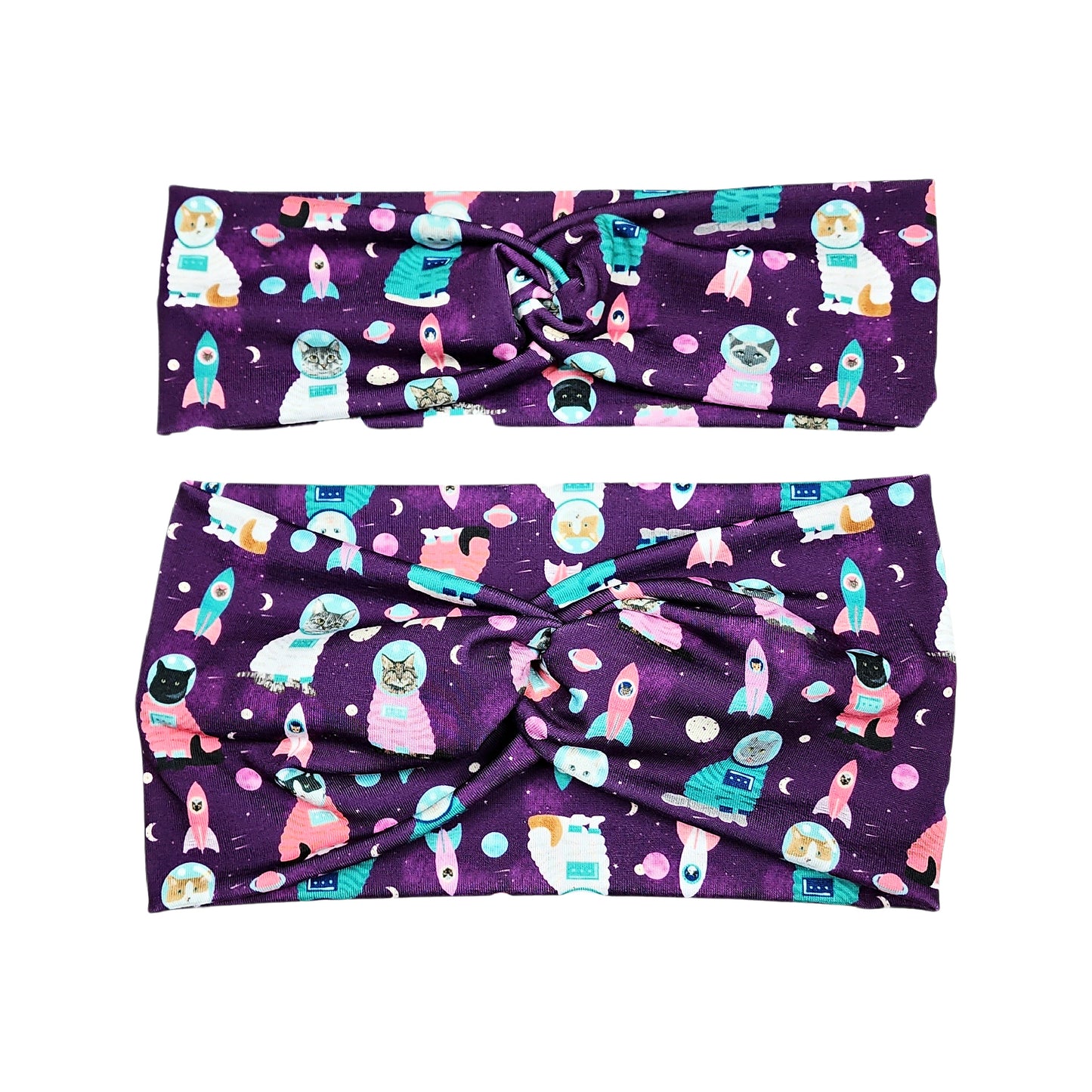 Wide Cats In Space Print Headband for Women, Purple Astronaut Cats