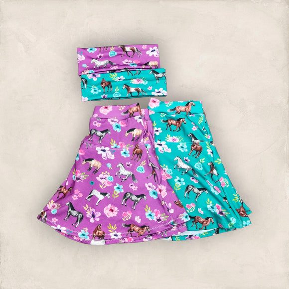 Horse Print Skort for Girls with Matching Headband, Purple or Turquoise