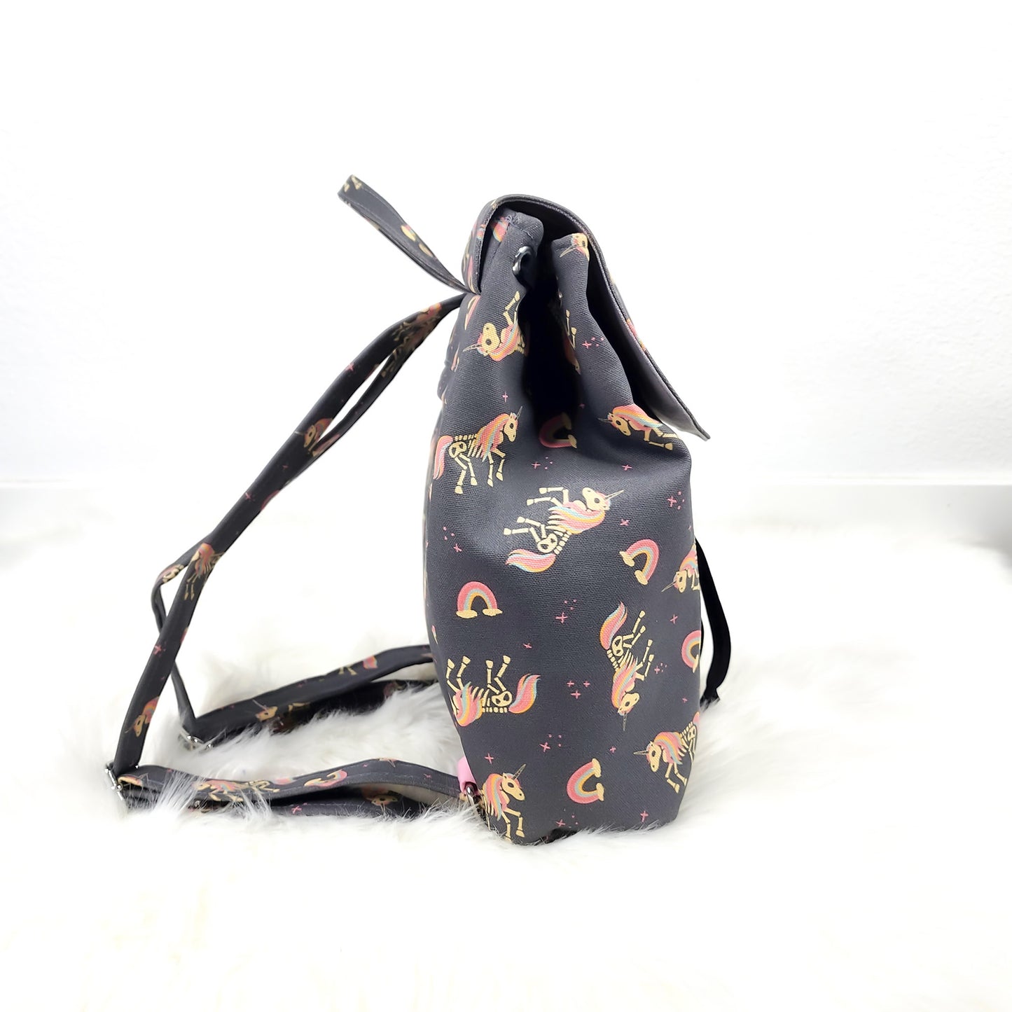 Spooky Skeleton Unicorn Backpack Purse, Handmade Gray Cinch Halloween Bag