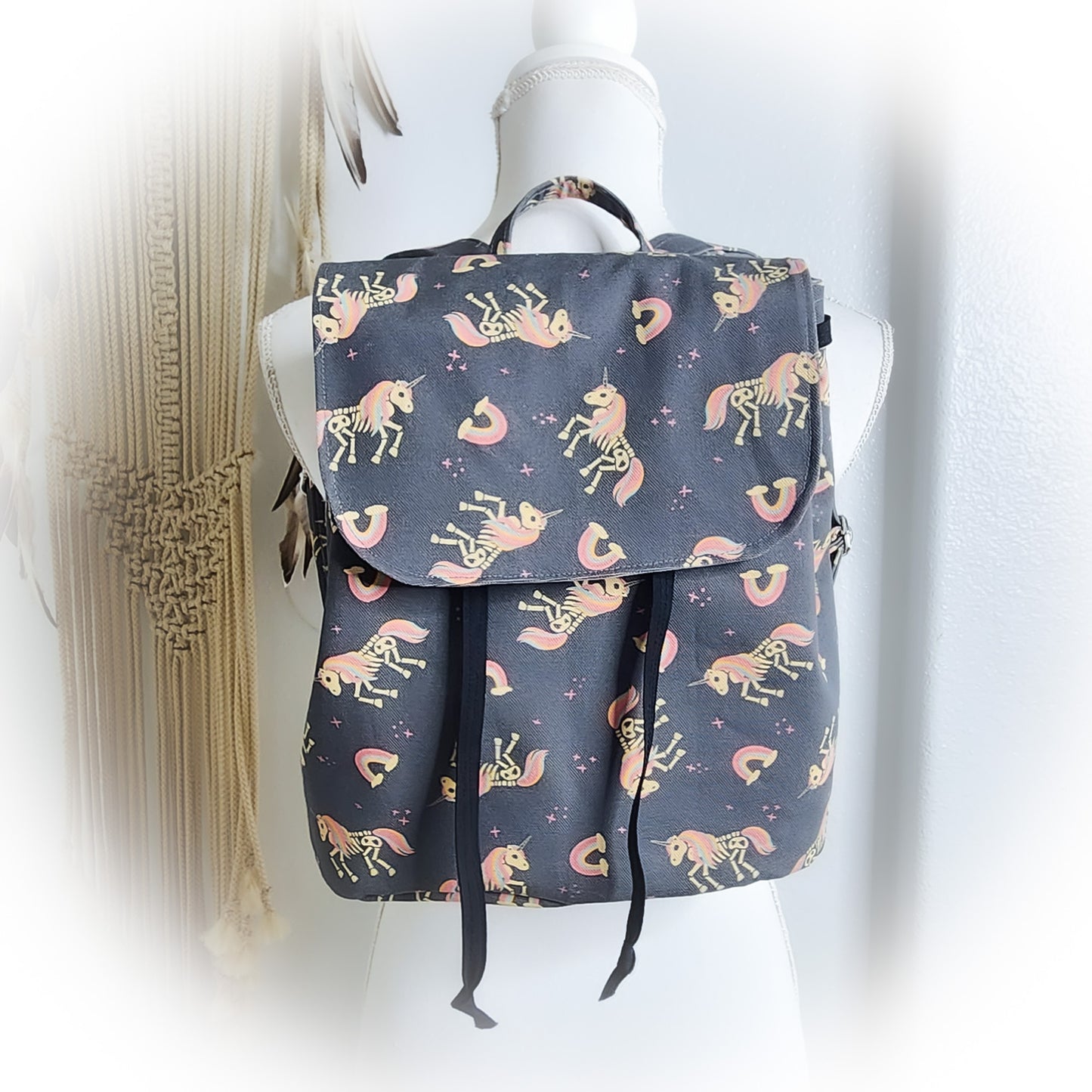 Spooky Skeleton Unicorn Backpack Purse, Handmade Gray Cinch Halloween Bag