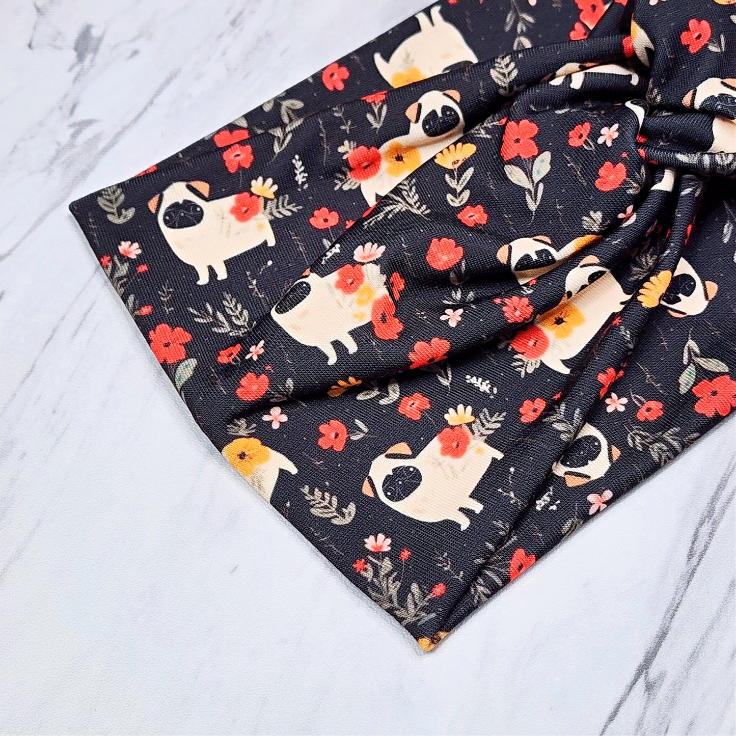 Wide Floral Pug Dog Print Headband