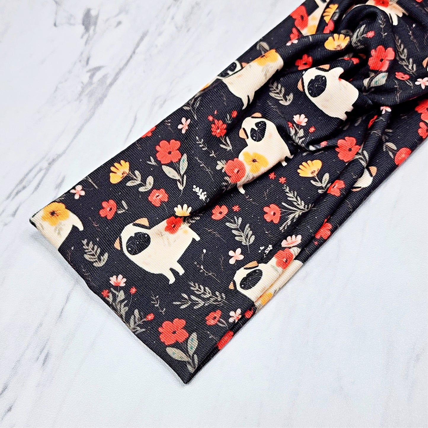 Floral Pug Dog Print Headband