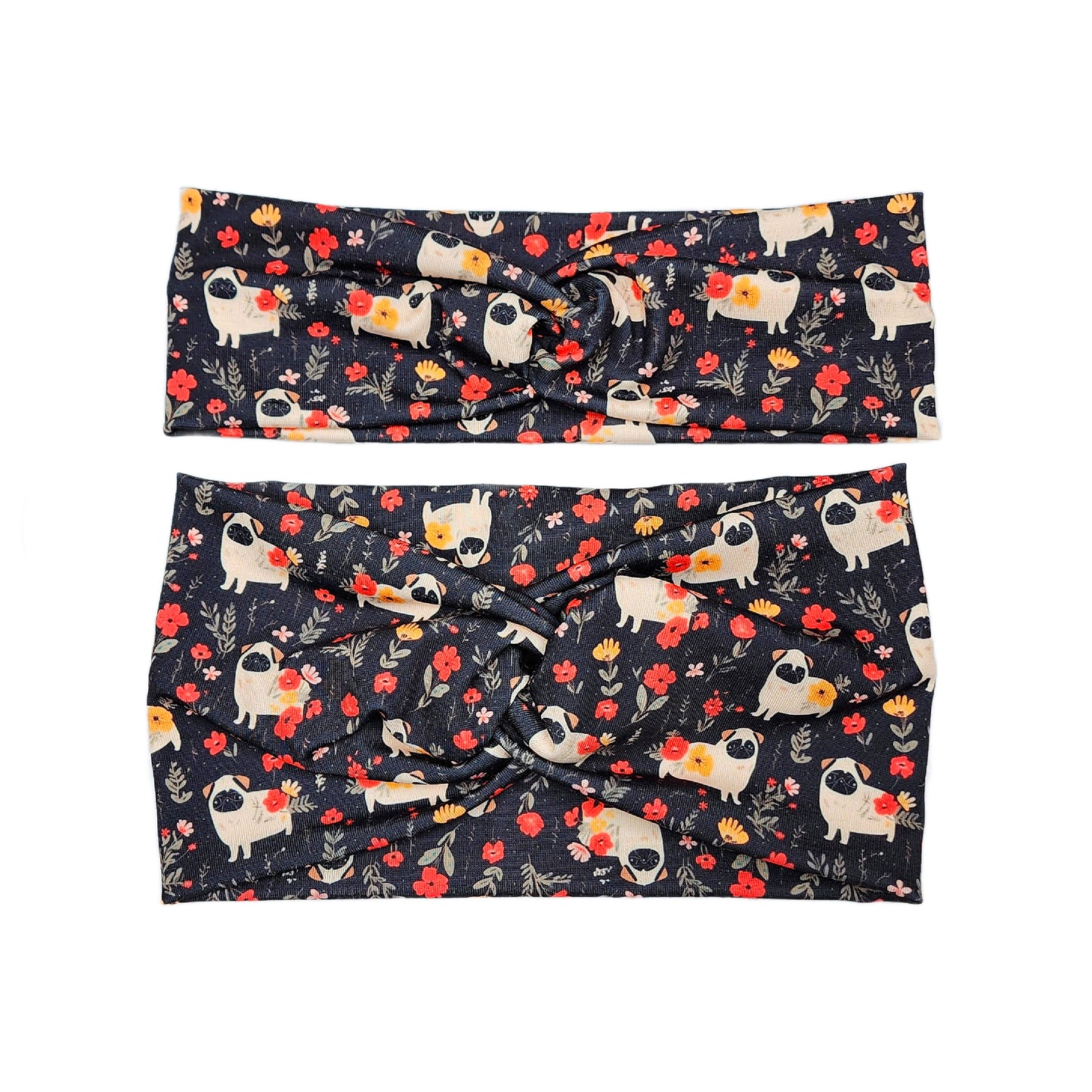 Wide Floral Pug Dog Print Headband