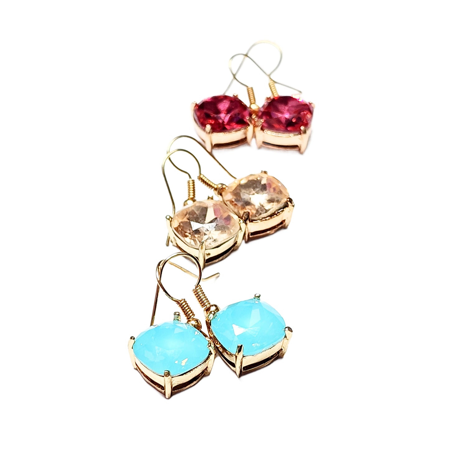 Square Cut Glass Dangle Earrings, Mint, Champagne, Fuchsia