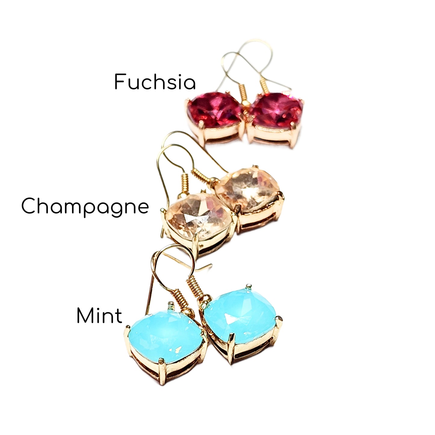 Square Cut Glass Dangle Earrings, Mint, Champagne, Fuchsia