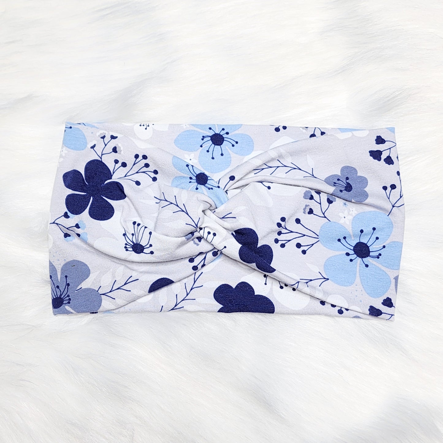 Gray and Blue Floral Cotton Headband