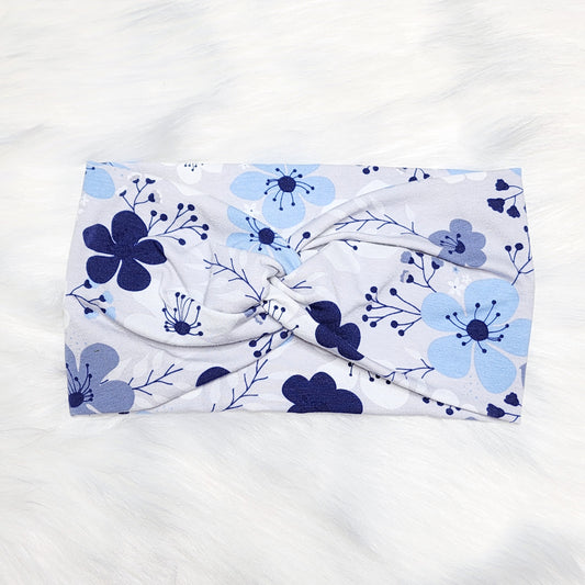 Gray and Blue Floral Cotton Headband