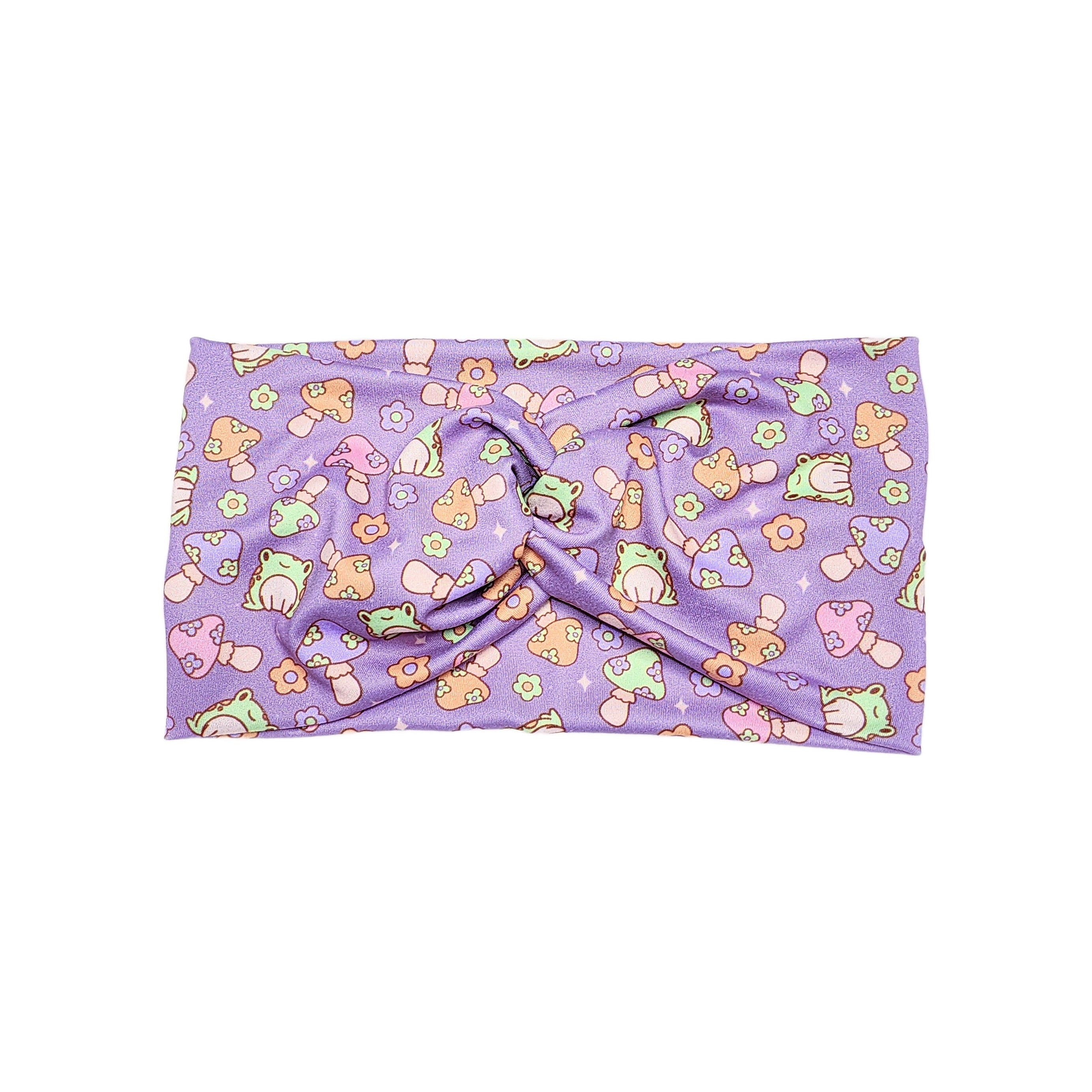 Wide Purple Retro Frog and Mushroom Headband, Super Soft Collection
