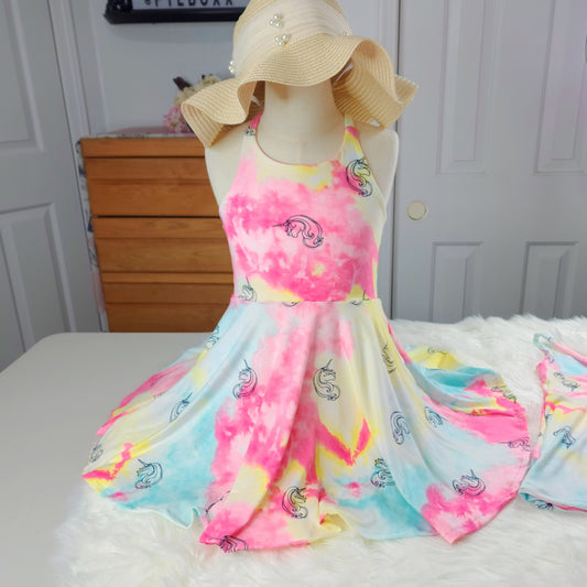 Neon Tie Dye Unicorn Summer Dress, Swimsuit Cover Up