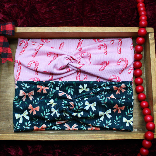 Christmas Twist Fabric Headbands: Pink Candy Canes or Preppy Bows