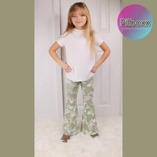 Green Butterfly Flare Pants for Girls, Ready to Ship