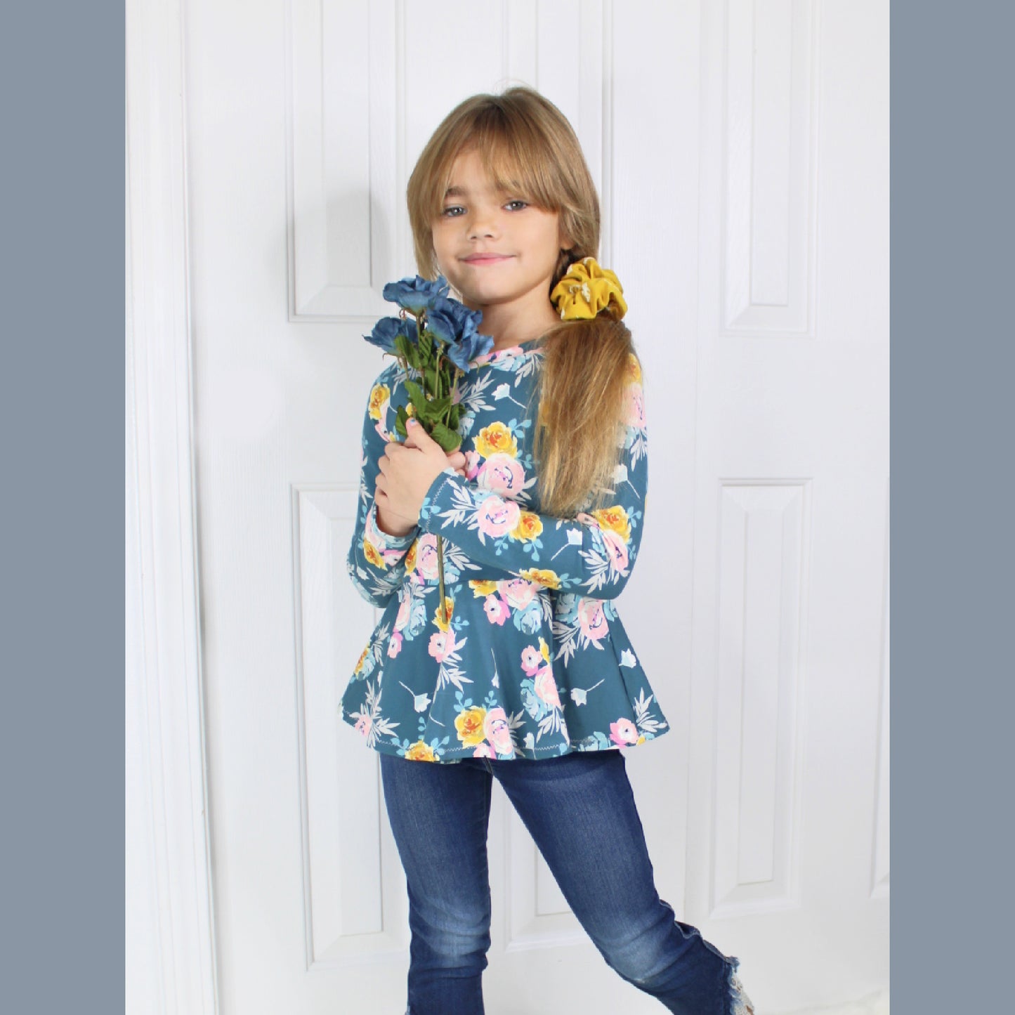 Vintage Teal Floral Ruffle Shirt for Girls, Long Sleeve